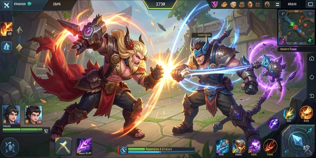 Screenshot gameplay 2739 menampilkan pertarungan epik antara karakter MOBA.