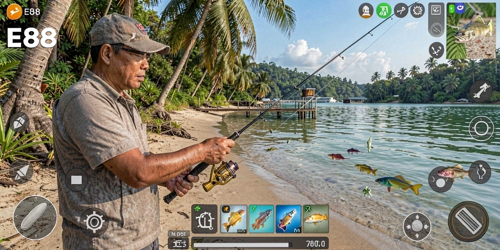 Gameplay E88 menangkap momen seru saat memancing di lokasi indah.
