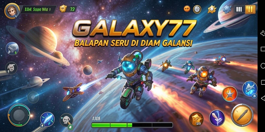 Screenshot gameplay GALAXY77 menampilkan balapan seru di luar angkasa.
