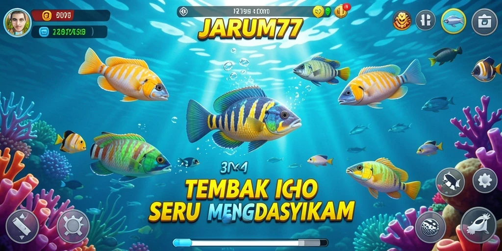 Screenshot gameplay JARUM77 menampilkan aksi menembak ikan yang mendebarkan.