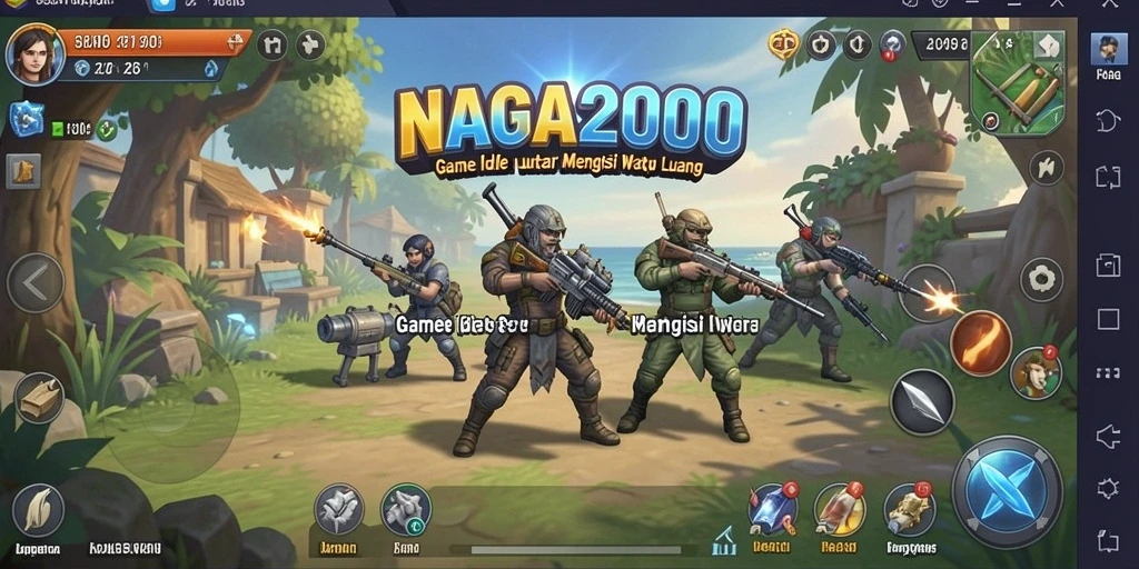 Tangkapan layar gameplay NAGA2000 menampilkan aktivitas pengelolaan sumber daya yang sederhana.