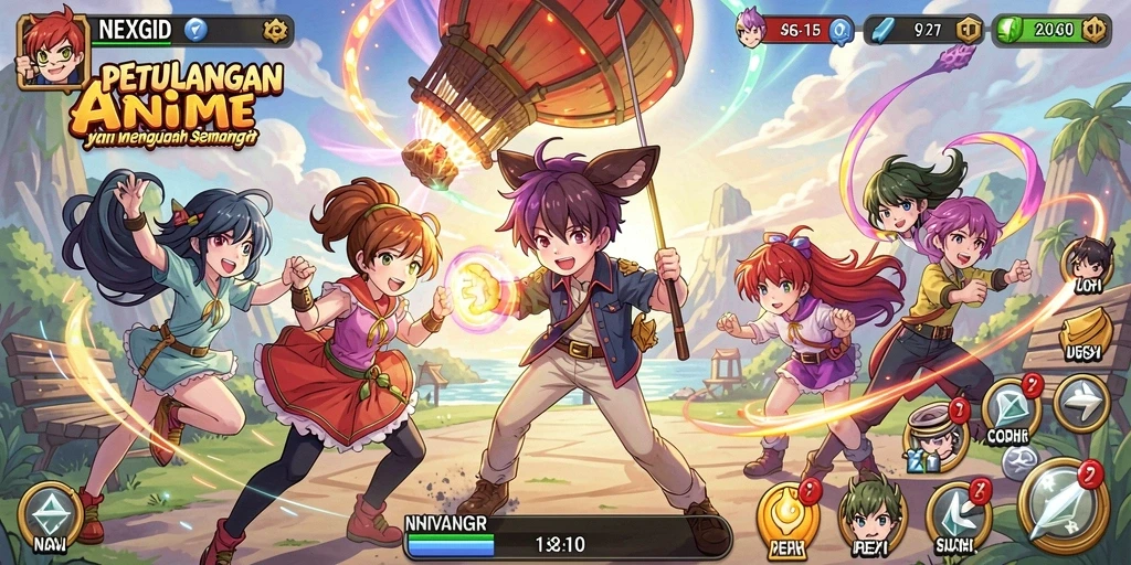 Screenshot gameplay NEXGID menampilkan aksi karakter Anime yang dinamis.