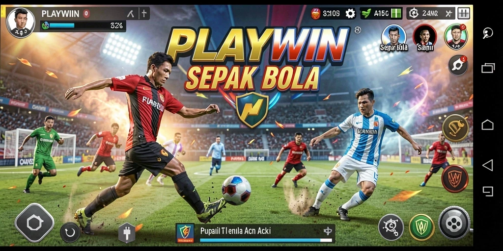 Screenshot utama PLAYWIN menampilkan aksi seru pemain di lapangan sepak bola.