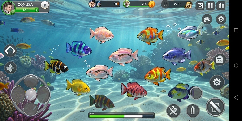Screenshot QQNUSA menampilkan gameplay Tembak Ikan yang seru.