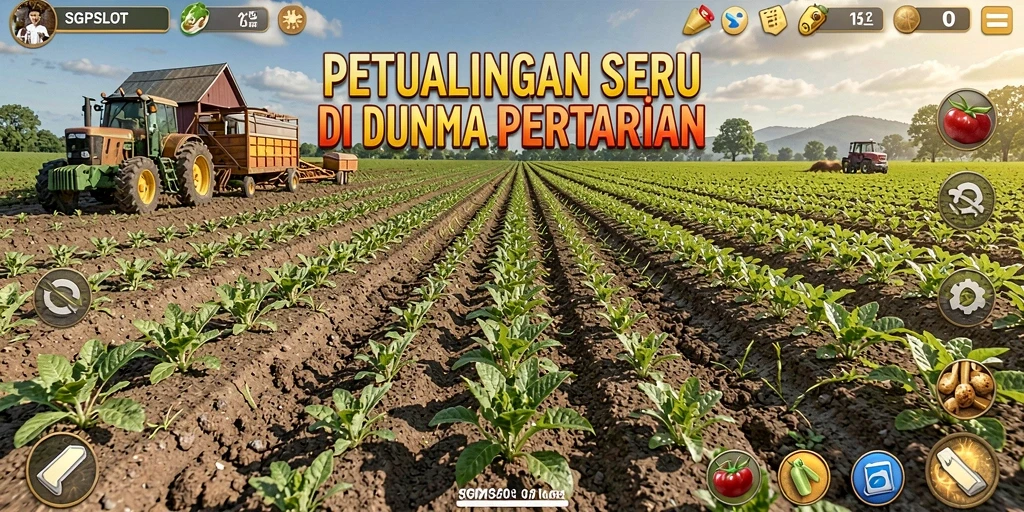 Tampilan gameplay SGPSLOT yang menampilkan ladang hijau subur dan aktivitas pertanian.