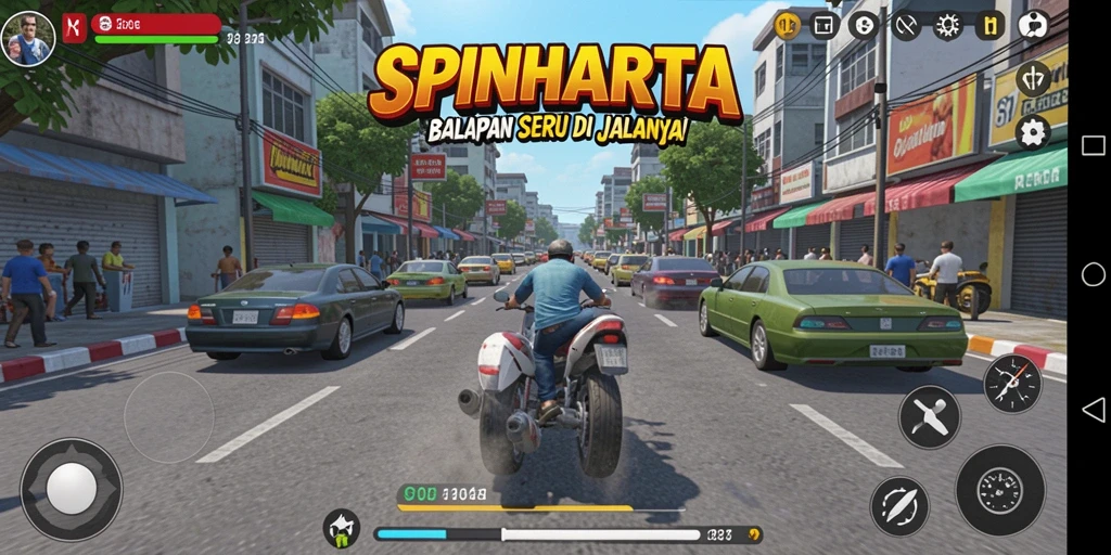 Gameplay SPINHARTA dengan balapan mendebarkan dan grafis menarik.