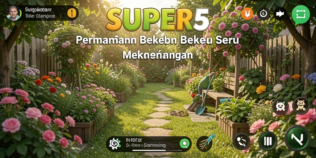 Tampilan gameplay <strong>SUPER5</strong> dengan kebun yang indah dan beragam tanaman.